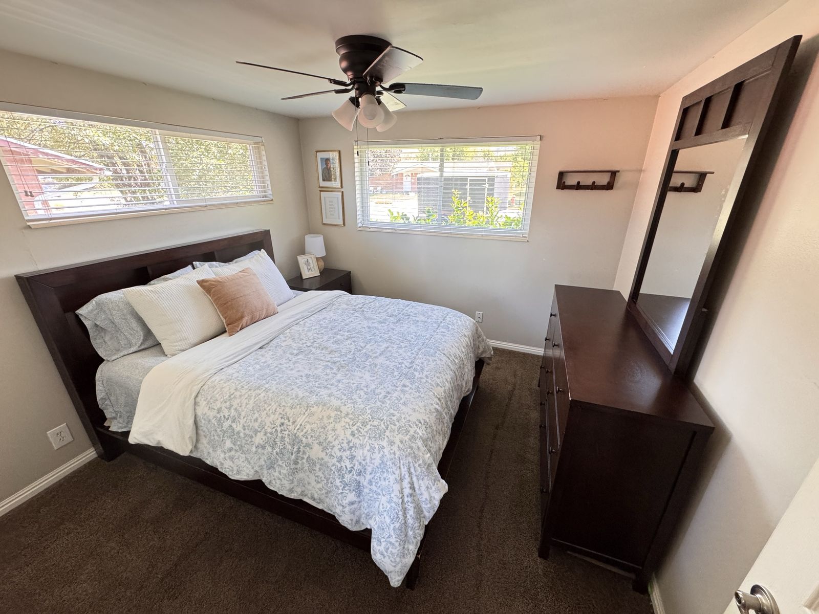 Dark Wood Queen Size Bed Frame, Dresser/Removable Mirror, and Nightstand