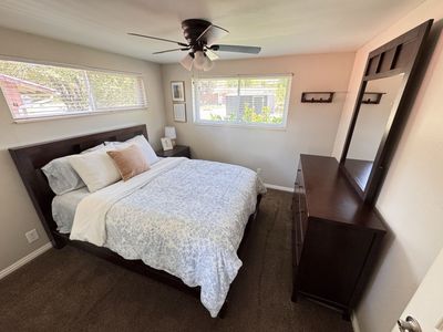 Dark Wood Queen Size Bed Frame, Dresser/Removable Mirror, and Nightstand