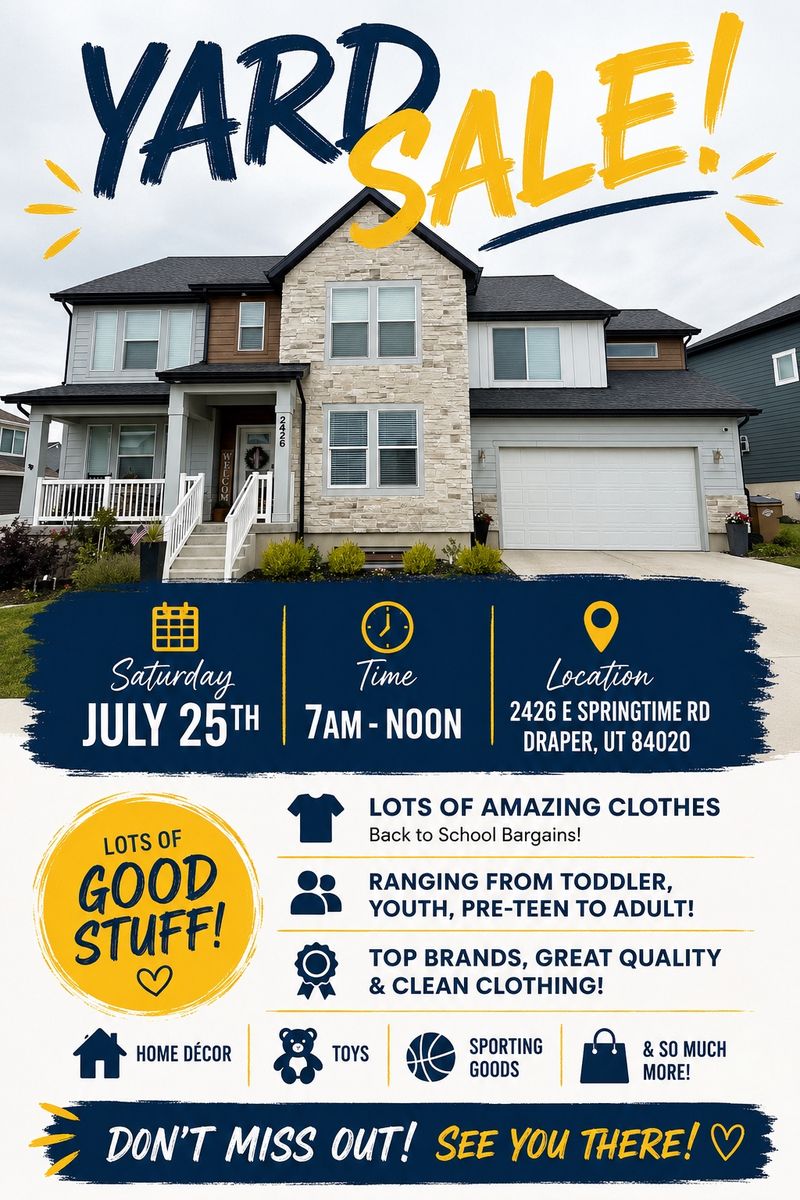 De clutter Yard Sale - Clothes (All Ages), Home Decor, Toys & More! Draper, UT - July 25th!
