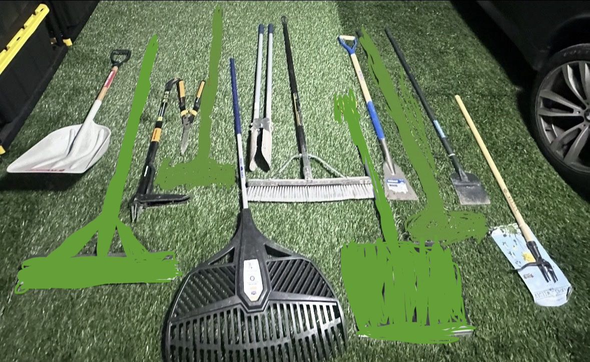 Assorted Lawn & Garden Hand Tools Bundle - Shovels, Rakes, Brooms, Post Hole Digger & Trimmers, lightly used. *Prices vary*