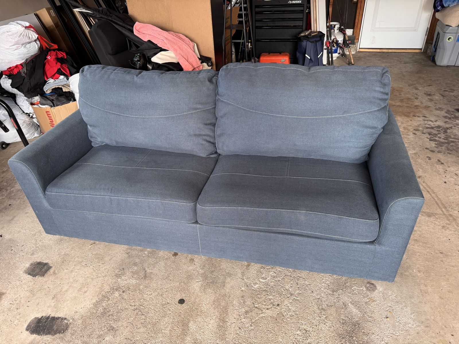 Comfortable Blue Fabric Pull-Out Sofa Bed with Mattress - Excellent Condition Couch