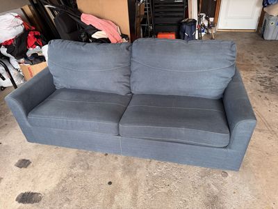 Comfortable Blue Fabric Pull-Out Sofa Bed with Mattress - Excellent Condition Couch