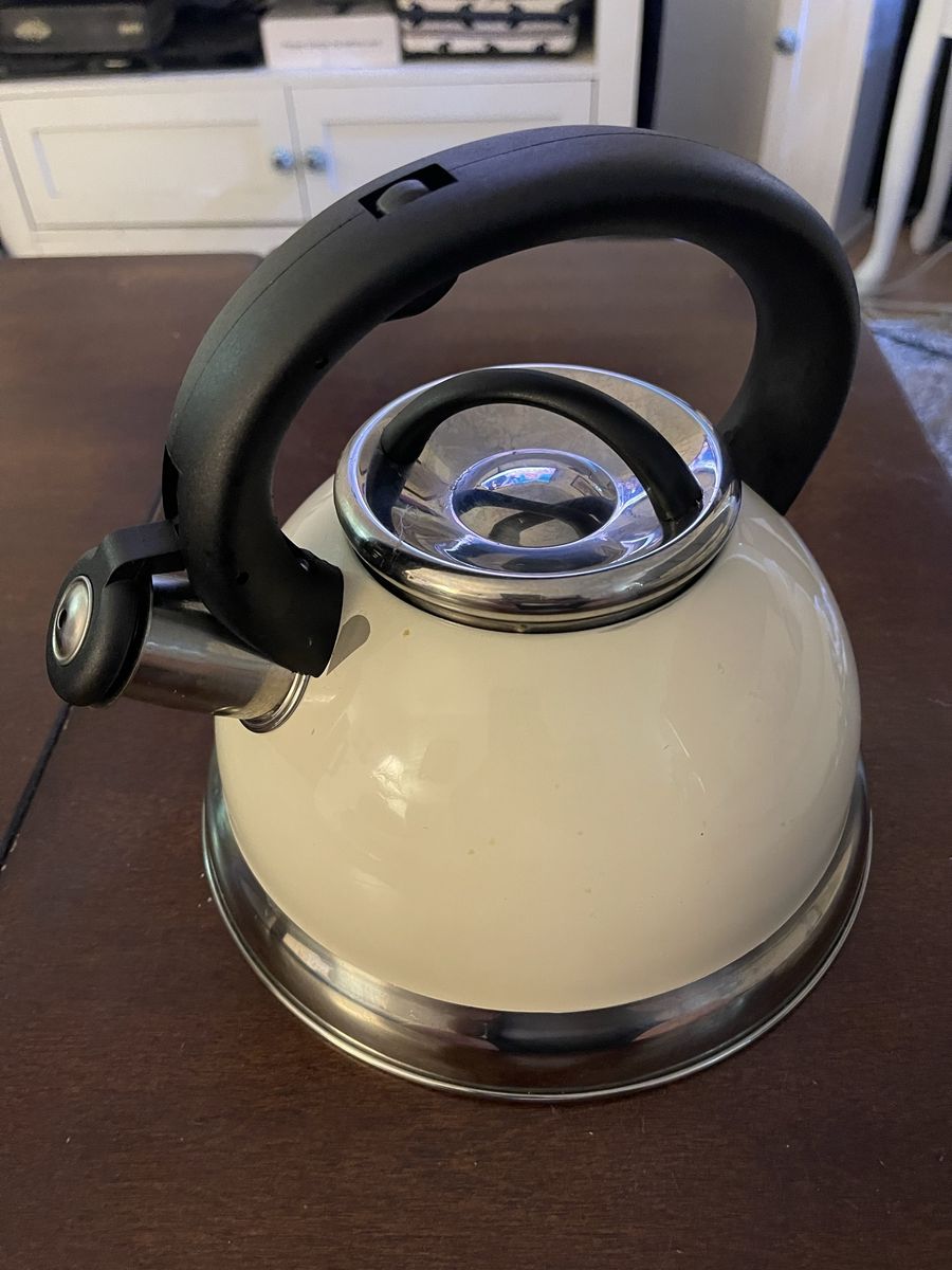 Creative Home Cream Enamel Whistling Tea Kettle with Black Handle - Stainless Steel Base, Used