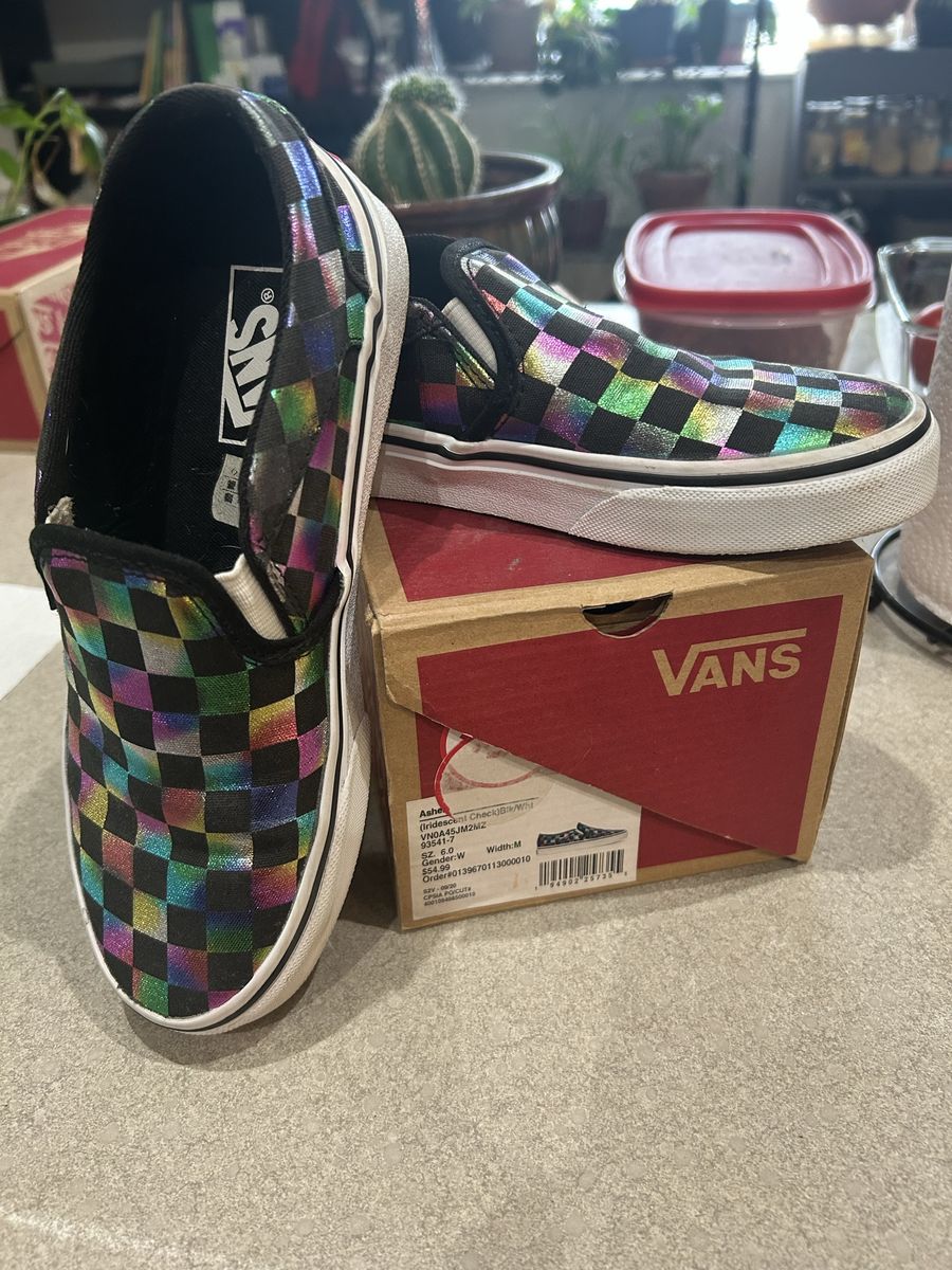 Vans Asher Checkerboard Iridescent Slip-On Sneakers - Women's US 6.0 - Like New