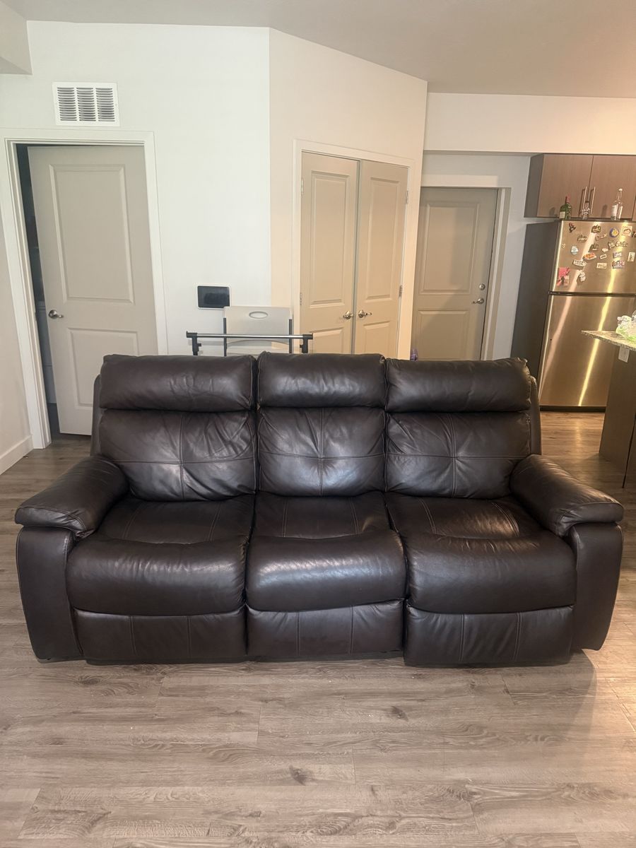 Dark Brown Leather Electric Reclining Sofa Couch