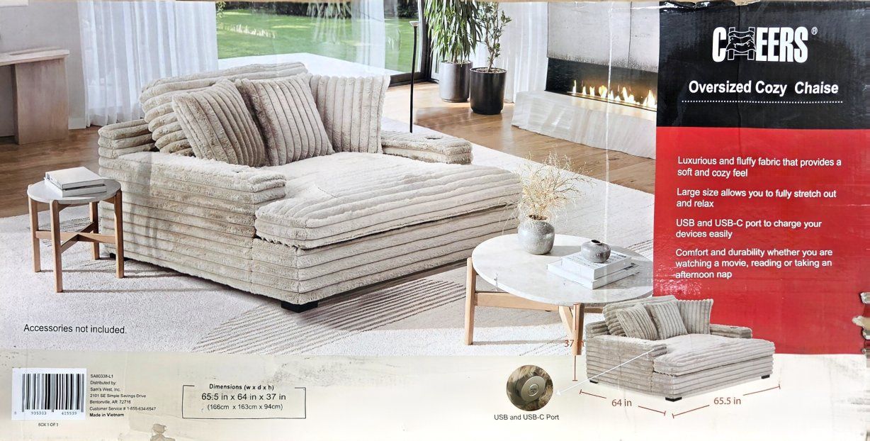 Cheers Oversized Cozy Chaise Lounge - Luxurious & Fluffy Fabric, USB-C Port, 65.5" x 64"