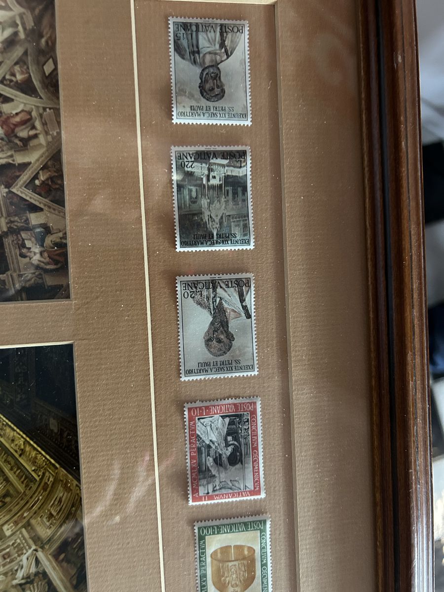 Framed Vatican Rome Collectible Display w/ Photos & Vintage Postage Stamps, Religious Decor