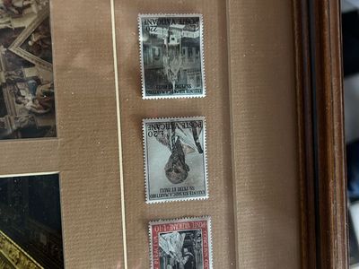 Framed Vatican Rome Collectible Display w/ Photos & Vintage Postage Stamps, Religious Decor