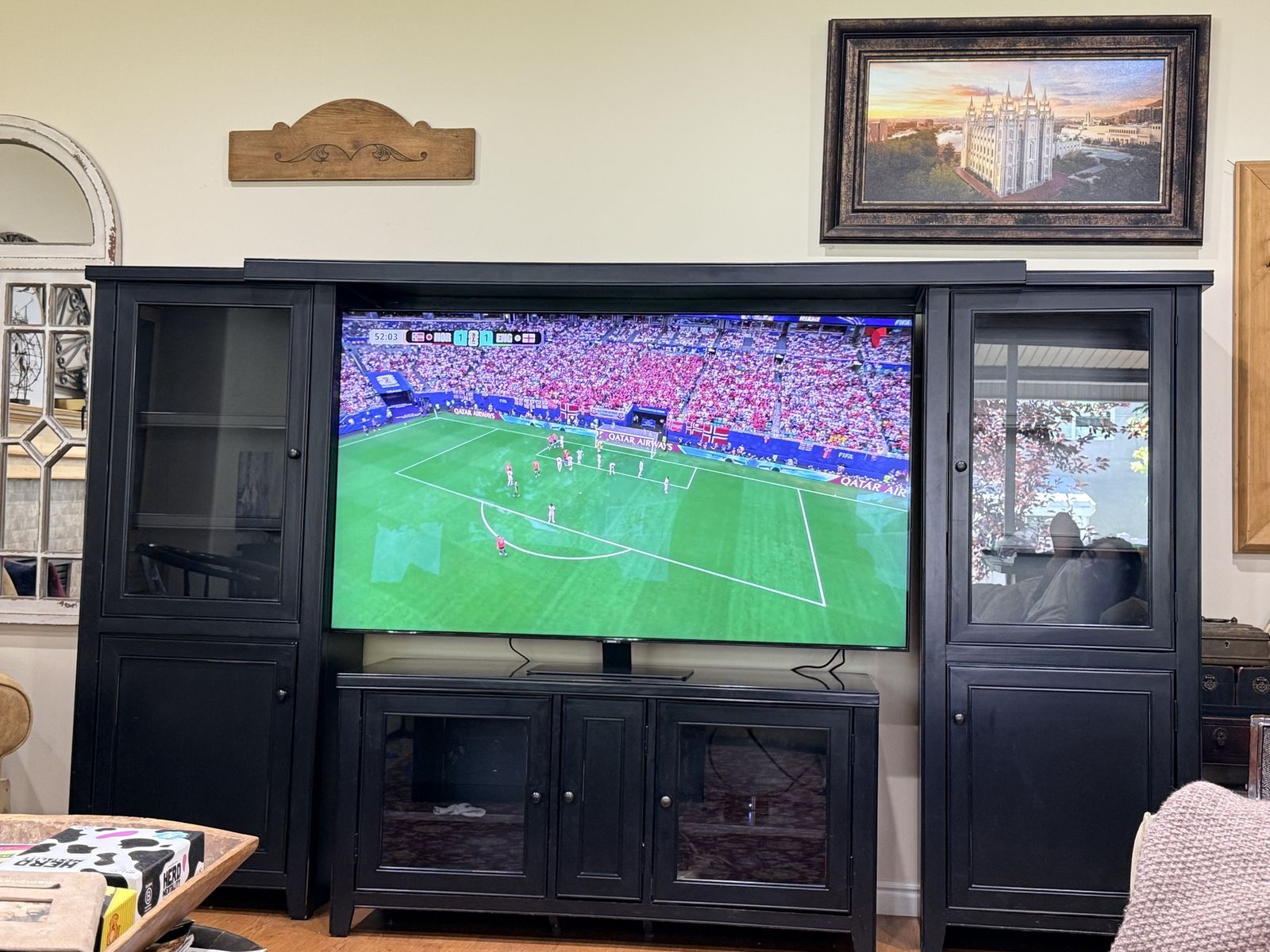 Black Wooden Entertainment Center Media Console TV Stand with Glass Doors & Side Towers