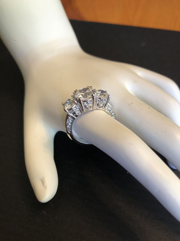 Brilliant Three Gem Diamond And Sterling Ring