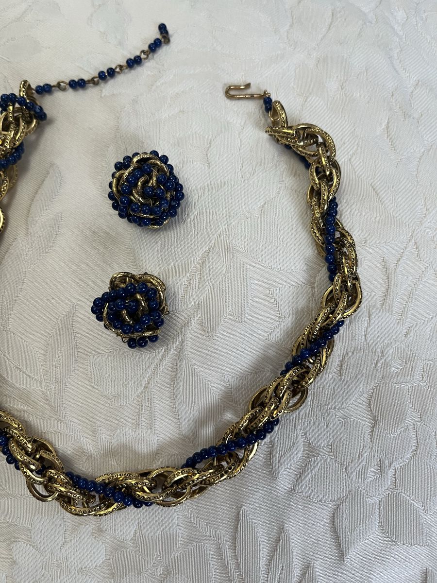 1950's Gold Plated Choker with Intertwined Dark Blue Glass Beads and Earrings-Vintage