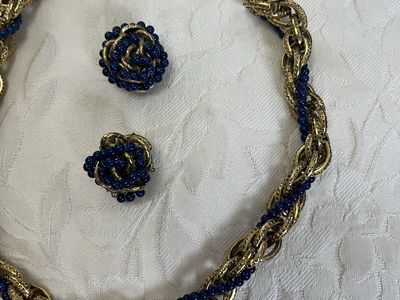 1950's Gold Plated Choker with Intertwined Dark Blue Glass Beads and Earrings-Vintage
