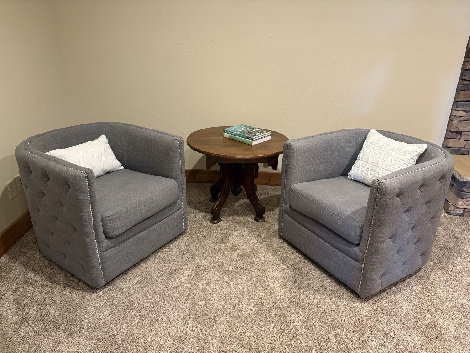 Set of 2 Gray Swivel Accent Chairs - Tufted Sides, Nailhead Trim, 360° Swivel