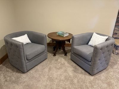 Set of 2 Gray Swivel Accent Chairs - Tufted Sides, Nailhead Trim, 360° Swivel