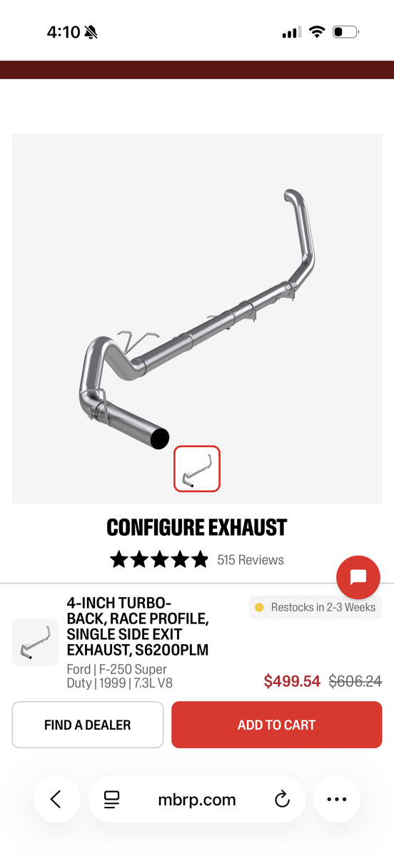 MBRP 4" Turbo Back, Single Side, No muffler, 1999-2003 F-250/350 7.3L