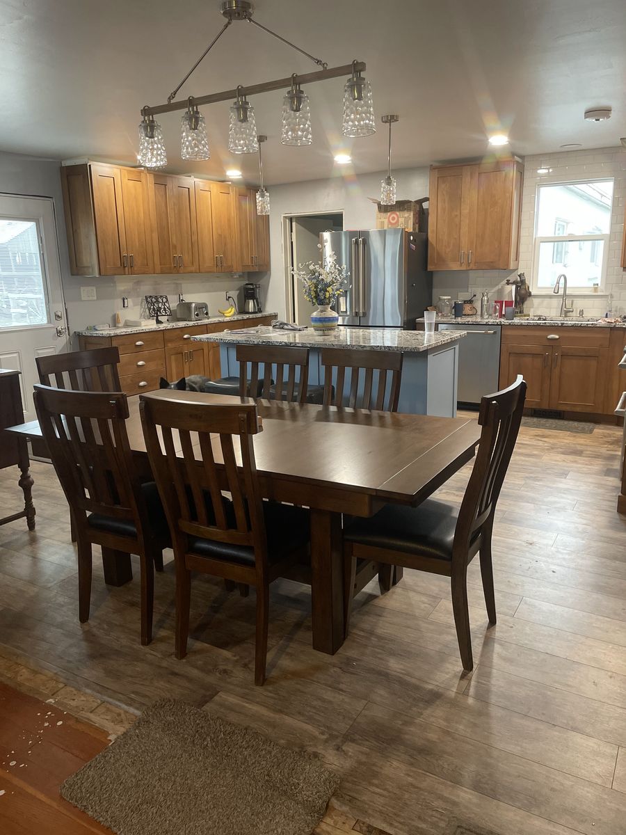 All wood Trestle table 3 Butterfly leaves and 8 Slatback side chairs