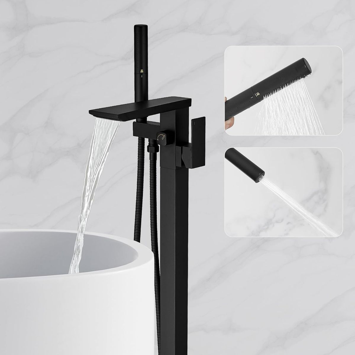 Black Floor Mount Freestanding Bathtub Filler with Handheld Sprayer