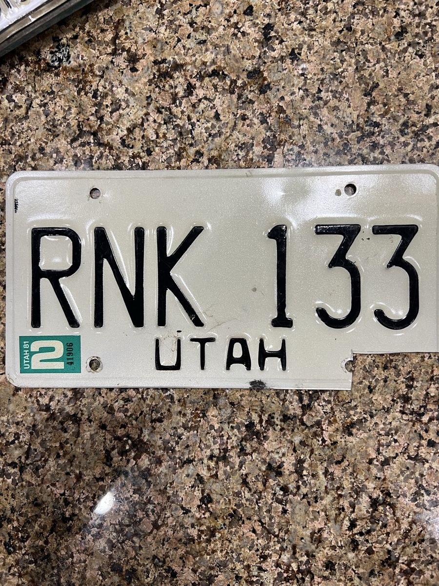 Vintage Utah License Plate RNK 133, 1981, White/Black - Collector's Item