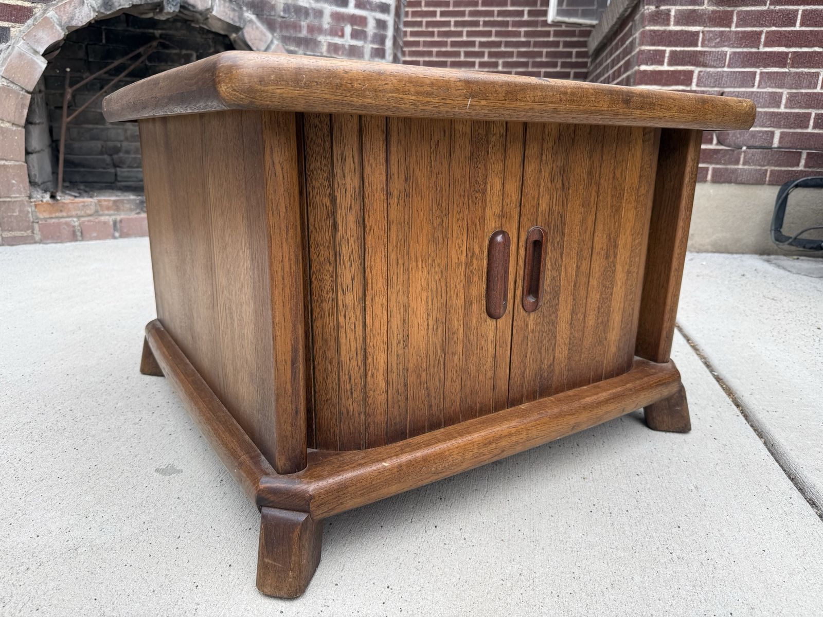 Vintage Mid-Century Wood End Table with Tambour Doors