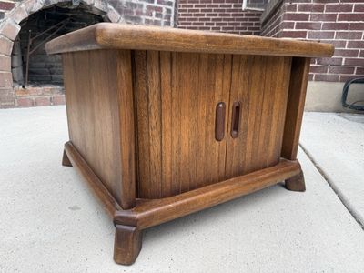Vintage Mid-Century Wood End Table with Tambour Doors