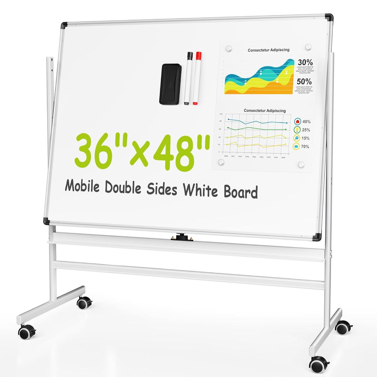 36" x 48" Double Sided Mobile Whiteboard on Wheels for Home or Office