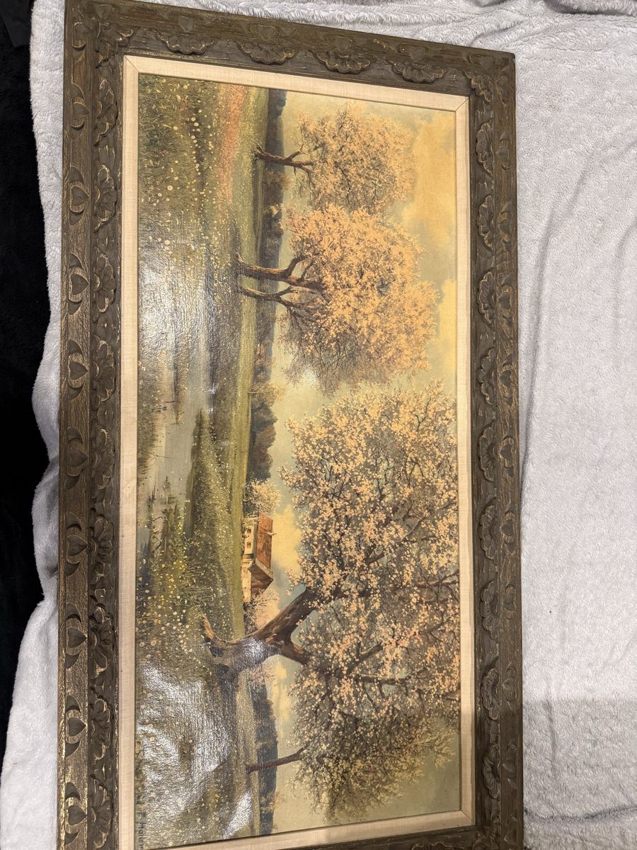 Large Vintage Panoramic Spring Landscape Framed Print by F. Haller – Ornate Wood Frame