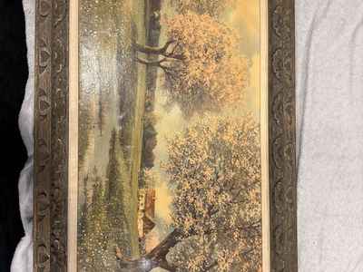 Large Vintage Panoramic Spring Landscape Framed Print by F. Haller – Ornate Wood Frame