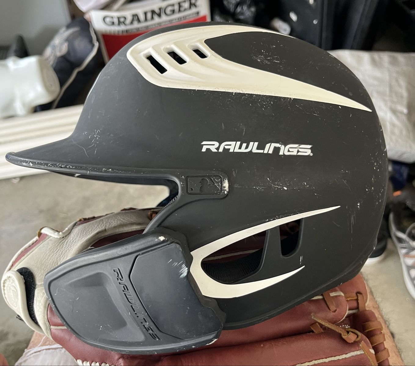 Rawlings Black/White Batting Helmet with Jaw Guard - Used MLB Approved