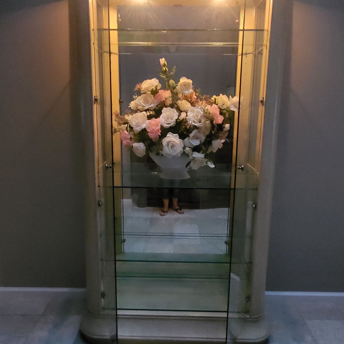 FREE - Illuminated Glass Curio Display Cabinet with Adjustable Shelves, mirrored back