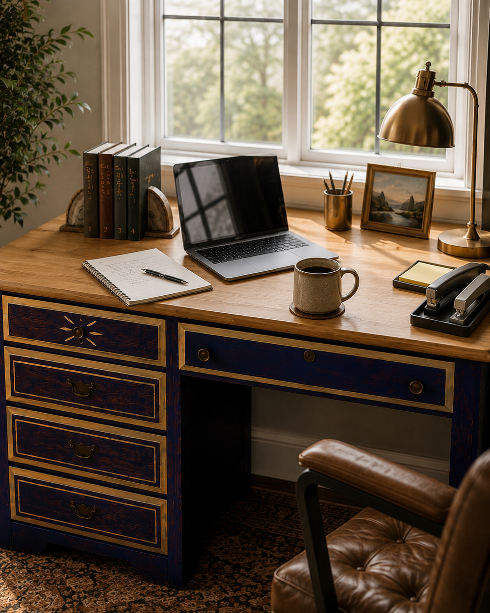 Vintage Writing Desk | Refinished Plum Finish | Brass Hardware