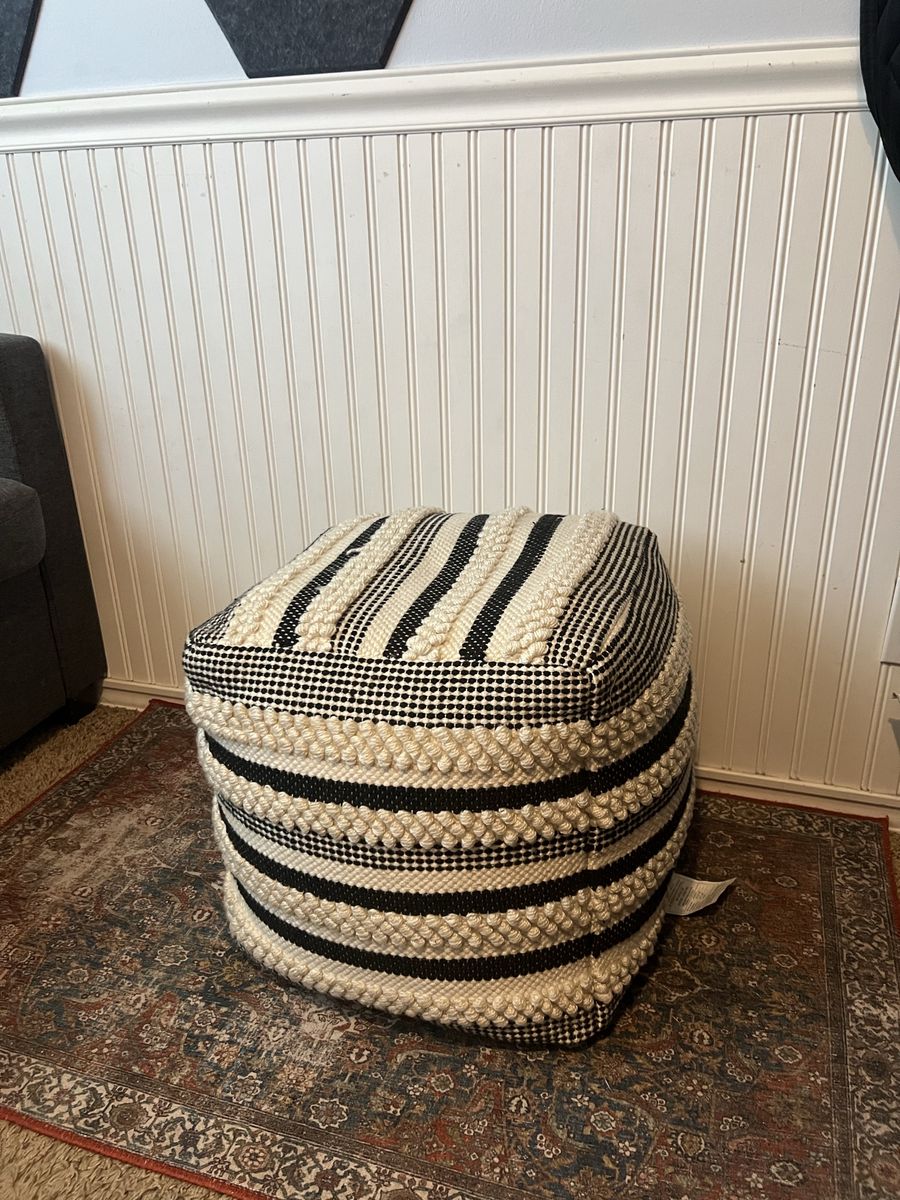 Handwoven Striped Pouf Ottoman - Black & Cream Textured Footrest/Accent Stool