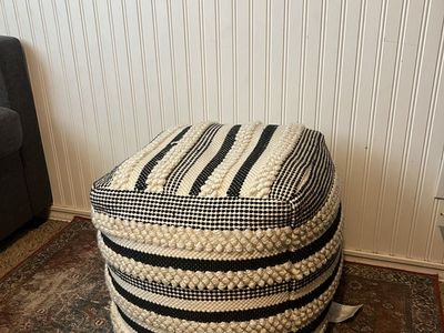 Handwoven Striped Pouf Ottoman - Black & Cream Textured Footrest/Accent Stool