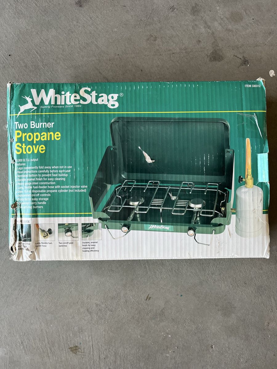 White Stag Two Burner Propane Stove - 10,000 BTU Camping Cooktop, Durable Enamel Finish