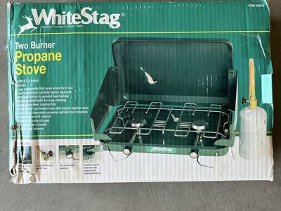 White Stag Two Burner Propane Stove - 10,000 BTU Camping Cooktop, Durable Enamel Finish