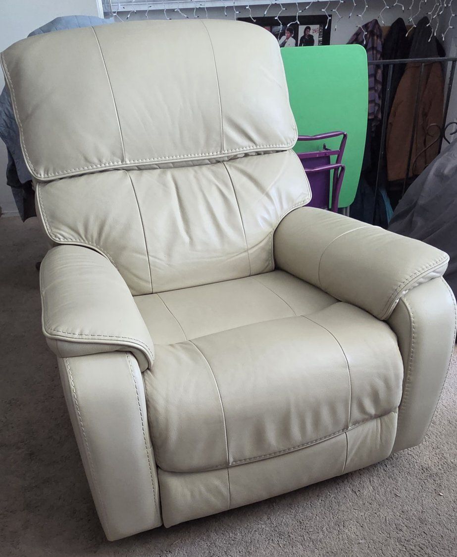 Cream Leather Power Rocking Recliner