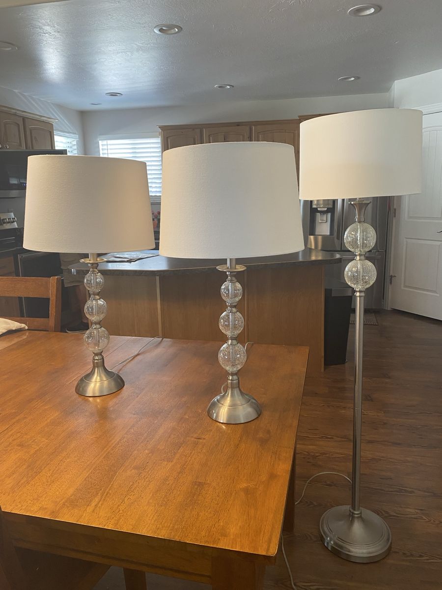 3-Piece Brushed Nickel & Clear Glass Lamp Set - Floor & 2 Table Lamps with White Shades