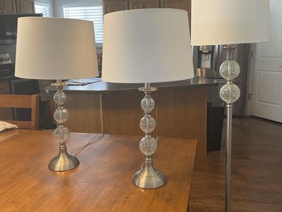 3-Piece Brushed Nickel & Clear Glass Lamp Set - Floor & 2 Table Lamps with White Shades
