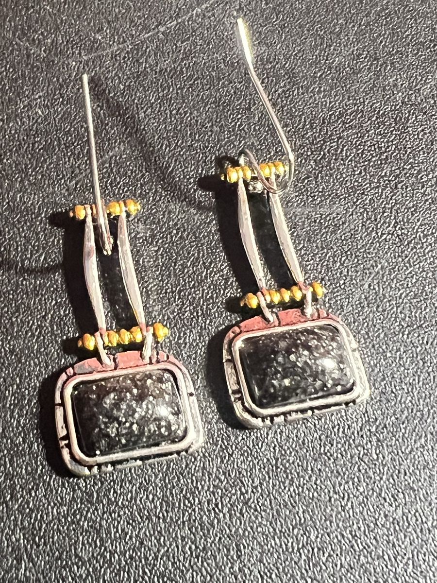 Handcrafted Rectangle Black Stone Drop Earrings - Unique Artisan Design with Gold Bead Accents