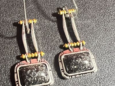 Handcrafted Rectangle Black Stone Drop Earrings - Unique Artisan Design with Gold Bead Accents