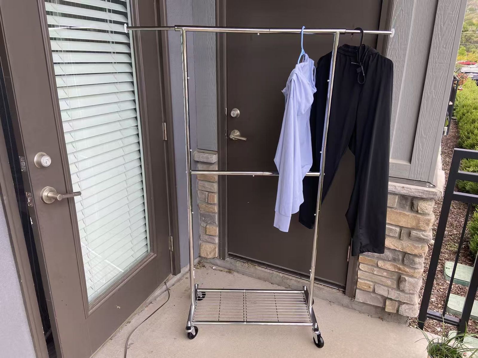 Chrome Rolling Garment Rack on Wheels - Extendable Rod + Bottom Shelf - 125 lb Heavy Duty