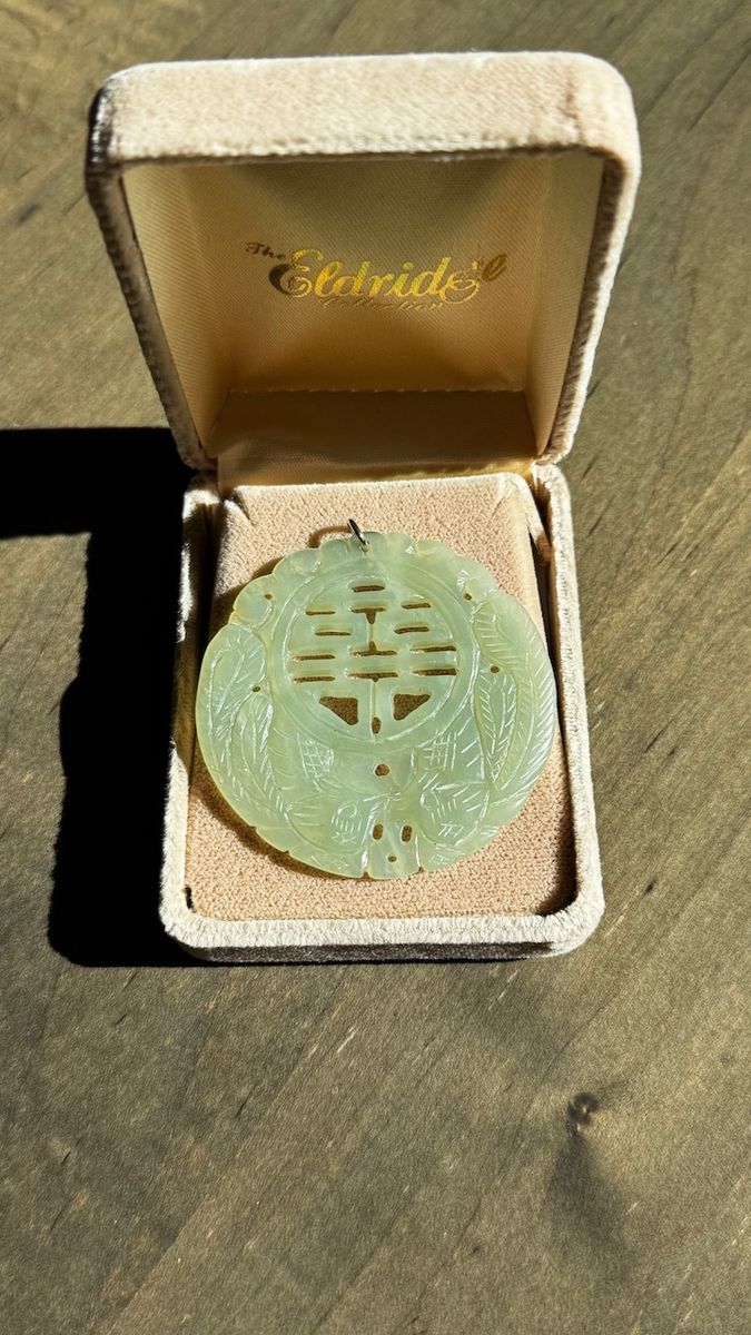 Large 2.25" Vintage Carved Celadon Jade "Double Happiness" Pendant - Eldridge Collection