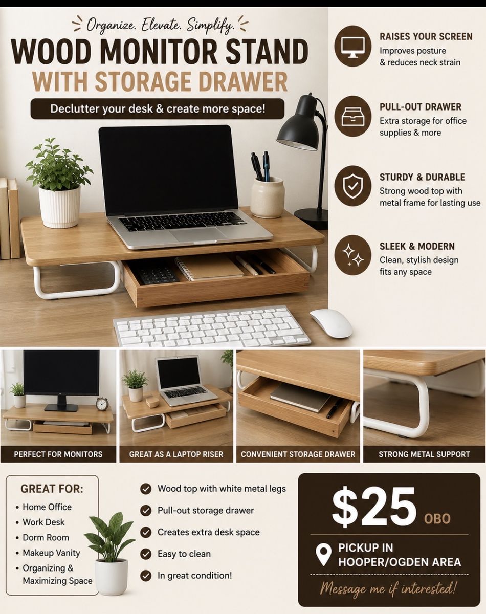 Wood Monitor Stand with Pull-Out Storage Drawer - White Metal Legs & Sleek Design