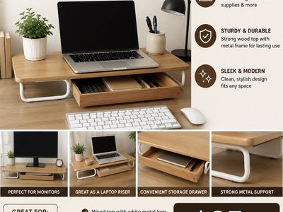 Wood Monitor Stand with Pull-Out Storage Drawer - White Metal Legs & Sleek Design