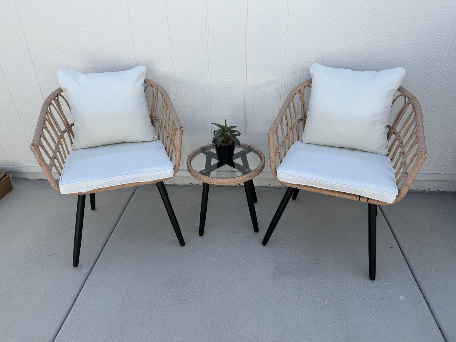 3-Piece Rattan Patio Bistro Set with Glass Top Table and Off-White Cushions