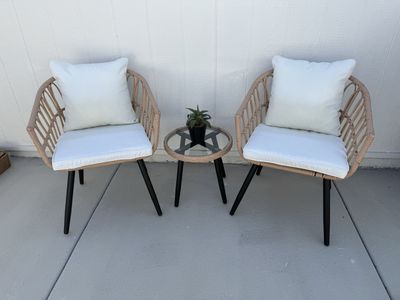 3-Piece Rattan Patio Bistro Set with Glass Top Table and Off-White Cushions