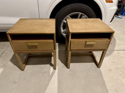 Pair of Modern Light Wood Nightstands with Brass Pulls - Mid-Century Style End Tables