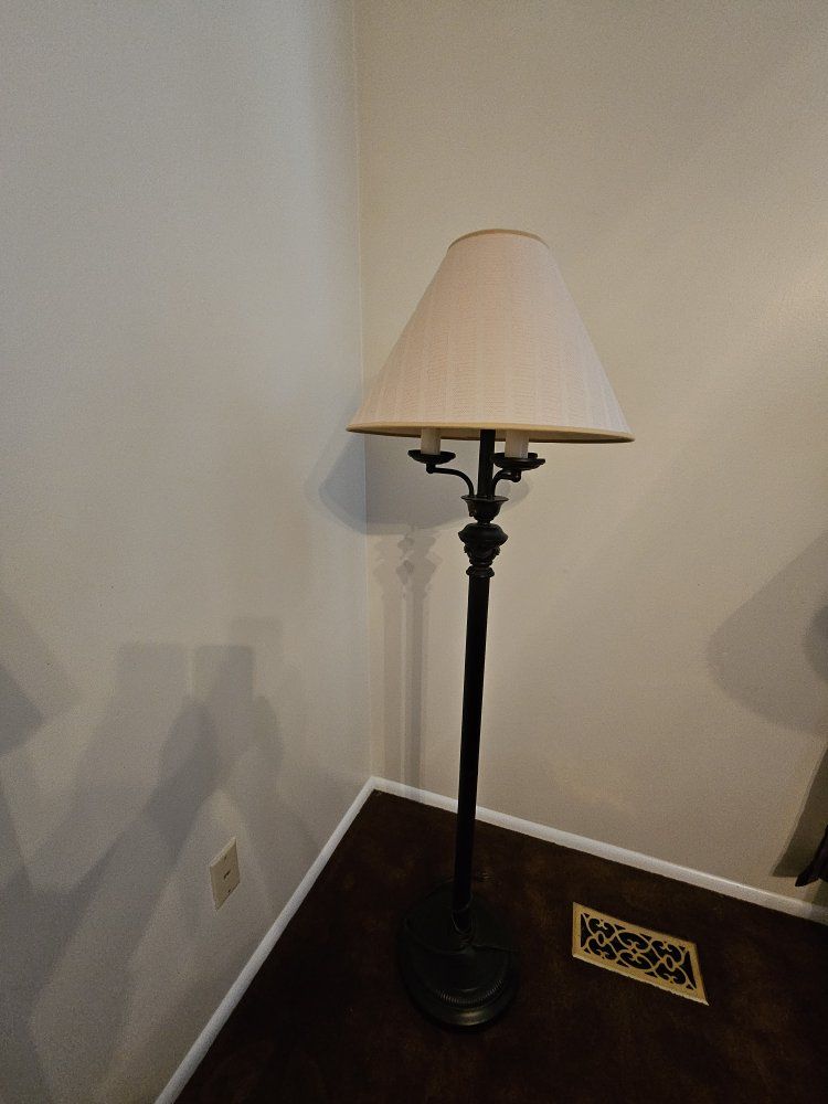 Elegant Black Metal Floor Lamp with Cream Fabric Shade - Two-Bulb Design
