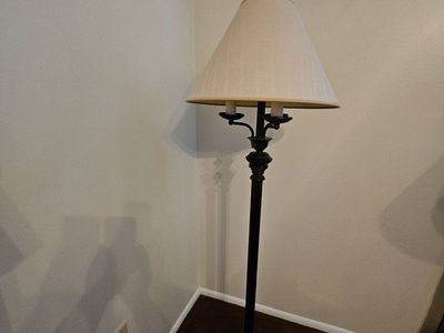 Elegant Black Metal Floor Lamp with Cream Fabric Shade - Two-Bulb Design