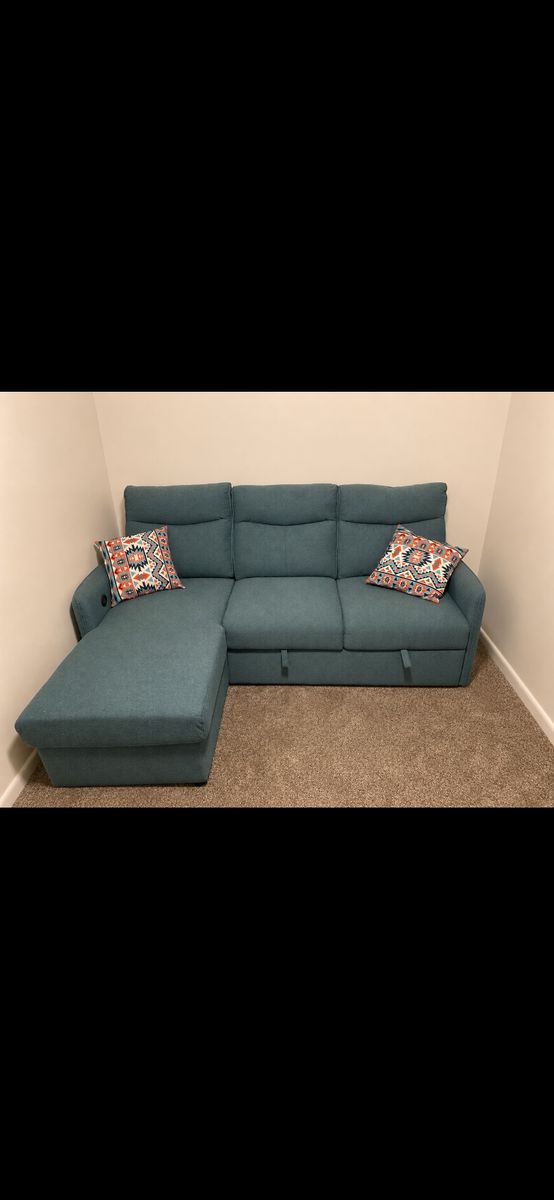 Blue/Green Fabric futon with Storage Chaise and Pull-Out Bed