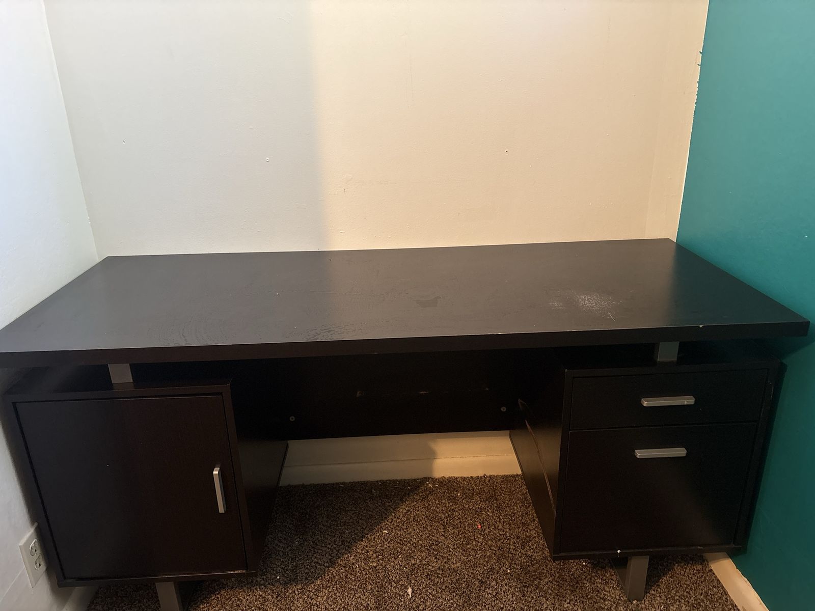 Dark Brown Executive Office Desk with Drawers and Storage Cabinet